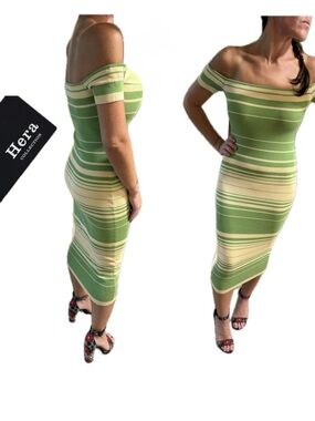 NWT Hera collection off-the shoulder striped dress green yellow size large